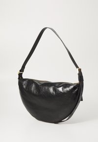 Black leather shoulder bag with a curved design, smooth texture, and a gold zipper detail. Features an adjustable strap.