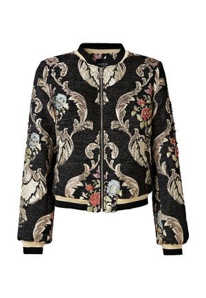 Veste bomber noire avec poignets beiges et broderie florale baroque rouge, bleue et verte, avec une fermeture éclair à l'avant et un col rond.