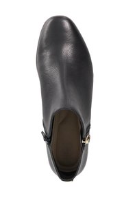 Black leather ankle boot with side zipper, rounded toe, and textured surface, viewed from above on a white background.