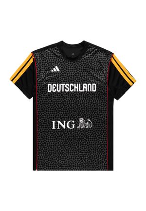 Sort sportsjersey med gråt skala-lignende mønster, "DEUTSCHLAND" tekst, Adidas-logo, ING sponsor logo og gule striber på ærmerne.