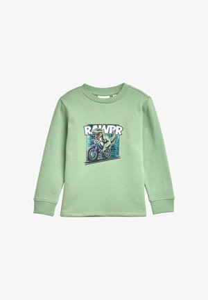 Grüner Sweatshirt mit langen Ärmeln, versehen mit einer Dinosauriergrafik auf einem Fahrrad und dem Text "RAWRR." Aus weichem Baumwollmaterial und mit gerippten Bündchen.