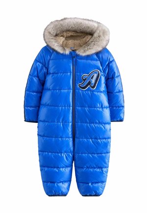 Combinaison de neige bleu rembourrée pour enfants avec fermeture éclair à l'avant, capuche doublée de fourrure et écusson sur la poitrine indiquant "Awesome."