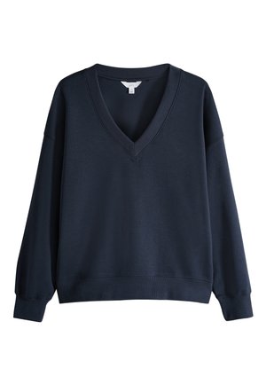 Sweatshirt bleumarin din material moale, cu decolteu adânc în V, mâneci lungi cu manșete ribbate și un croi lejer.