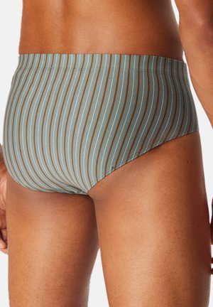 Schwimmtrunks in Blaugrün mit vertikalen Streifen in Braun. Sie verfügen über eine glatte Textur, einen elastischen Bund und eine enganliegende Passform.