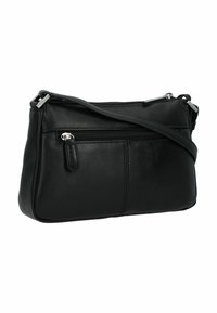 Schwarze Leder-Crossbody-Tasche mit glatter Textur, Reißverschlussfächern und einem abnehmbaren Tragegurt. Verfügt über eine kleine Fronttasche.