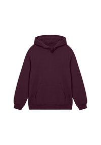 Dunkel lila Pullover-Hoodie mit vorderem Kängurutasche, Kapuze mit Kordelzug sowie gerippten Bündchen und Saum auf weißem Hintergrund.