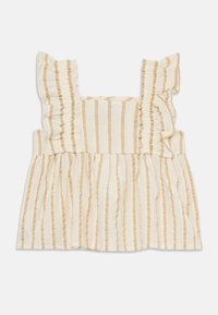 Haut sans manches léger en crème avec des rayures verticales beige. Présente des bretelles froncées et un ourlet peplum. Fabriqué en tissu respirant.