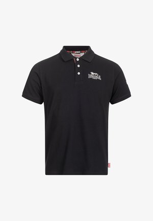 Zwarte katoenen polo met een klassieke kraag, met een rood en zwart ruitpatroon aan de binnenkant, een placket met drie knopen en een geborduurd logo.