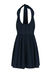 Abito halter blu scuro con corpino arricciato, gonna fluida e nodo sul collo attorcigliato. Realizzato in un tessuto leggero senza motivo visibile.