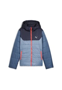 Padded Jacke mit Kapuze; oberer Teil in Marineblau und unterer Teil in Hellblau; verfügt über Reißverschlusstaschen und ein leuchtend orangefarbener Reißverschluss.