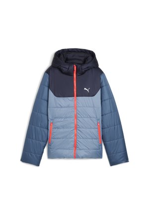 Padded jacket with a hood; navy blue upper and light blue lower sections; features zippered pockets and a bright orange zipper detail.