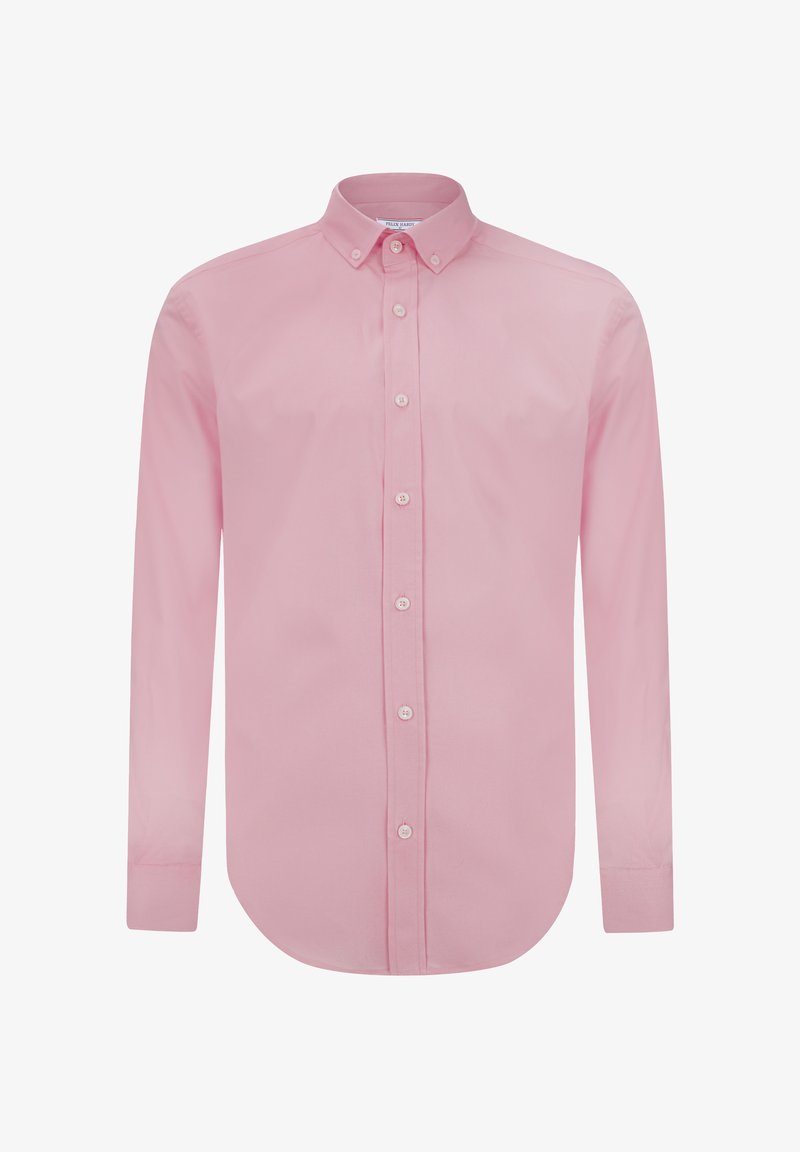 Jasnoróżowa koszula z długim rękawem, z kołnierzykiem zapinanym na guziki, z przodu z zapięciem na guziki oraz zaokrąglonym dołem, wykonana z gładkiego, bawełnianego materiału.