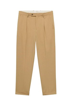 Khaki dress pants with a tailored design, featuring two front pockets, a single button closure, and a smooth, lightweight fabric.