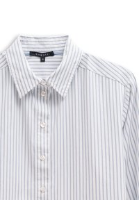 Light blue and white striped shirt with a collar, featuring buttons down the front and brand label visible near the neckline.
