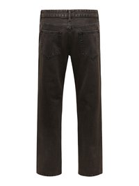 Sorte jeans med lige ben vist bagfra med to baglommer og synlige syninger på hvid baggrund.