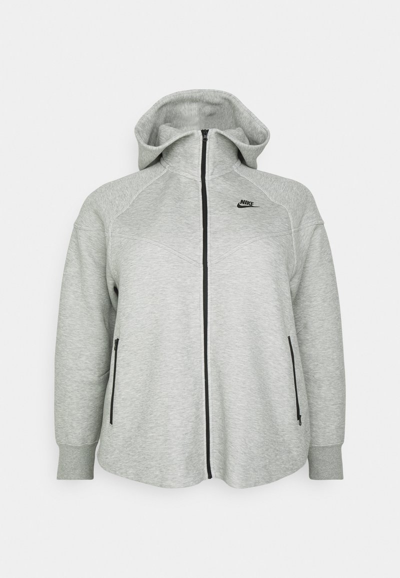 Haut de hoodie zippé Nike gris clair avec fermeture éclair noire, deux poches zippées, manches longues et capuche intégrée.