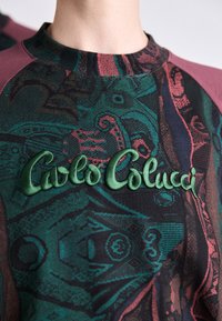 Meerkleurige sweatshirt met groene, rode en zwarte abstracte patronen. Heeft een ronde hals en een geborduurd "Carlo Colucci" logo in het groen.