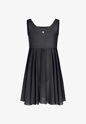 Un vestido negro con un corsé ajustado, diseño sin mangas y una falda acampanada hecha de tela ligera. Incluye un pequeño detalle de botón en la parte posterior.
