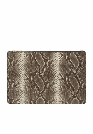 Brun och krämfärgad ormprint zip-påse; stilren rektangulär form med texturerad yta och guldig dragkedjesmyckning. Slät syntetisk material.
