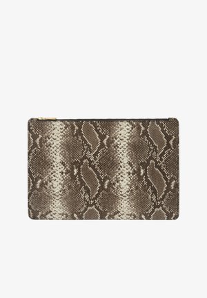 Brown and cream snake print zip pouch; sleek rectangular shape with textured surface and gold zipper accent. Smooth synthetic material.