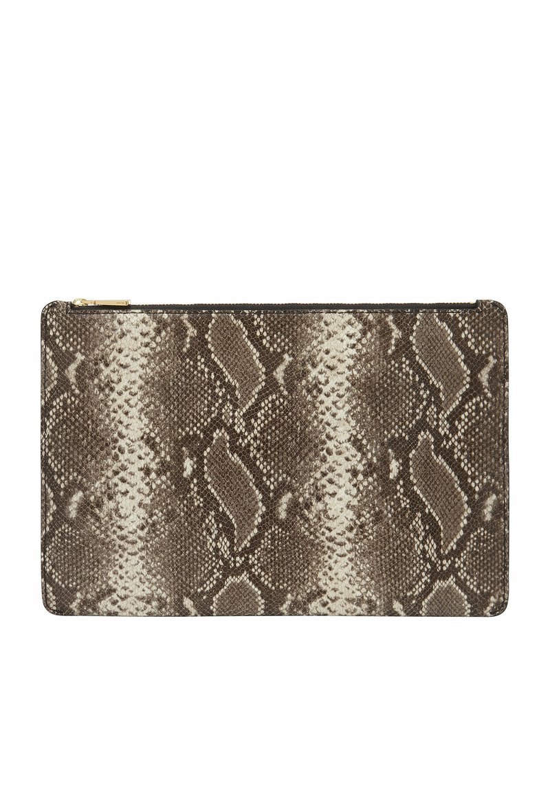 Brun og creme slangemønster lynlås-pose; slank rektangulær form med struktureret overflade og guld lynlåsdetalje. Glat syntetisk materiale.
