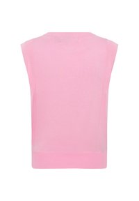 Veste rose en tricot sans manches avec un col rond et un ourlet côtelé, montrée de dos sur fond blanc.