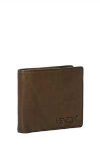 Brown leather wallet with a smooth texture, bi-fold design, and embossed branding on the front. Edges are stitched, with no visible hardware.
