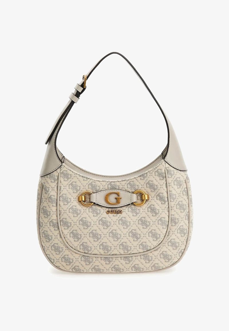 Hobo-taske i cremefarvet lærred med gråt monogrammønster, guldfarvet hardware og en buet læderrem. Har et logo-accentskilt på forsiden.