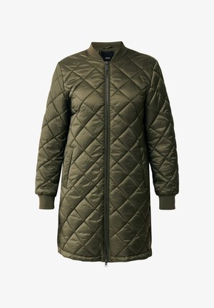Oliven grøn quilted lang jakke med ribbet krave og manchetter, der har en central lynlås og diamantstingmønster.