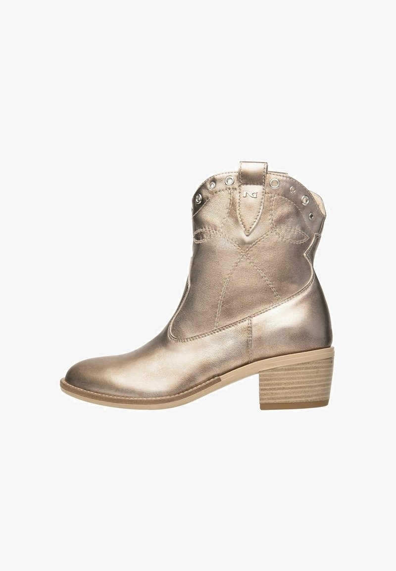Metallic gold ankle boot with a rounded toe, decorative stitching, and silver studs along the cuff. Features a low stacked heel.