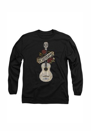 Black long-sleeve shirt featuring a detailed graphic of a guitar, skull, and roses, with the text "RECUERDAME" in a banner style.