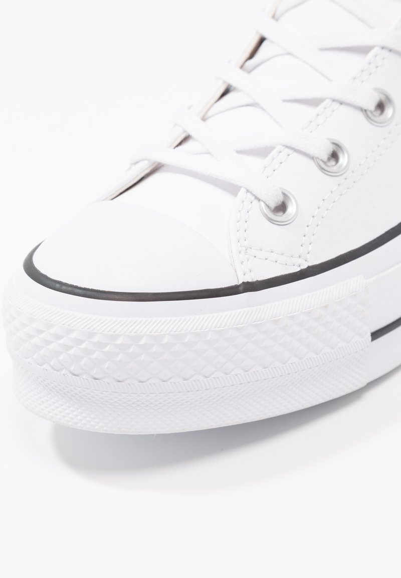 Zapatilla de lona blanca con suela de goma, puntera redondeada, cordones planos y una franja horizontal texturizada en el borde de la suela. Detalle en ribete negro.