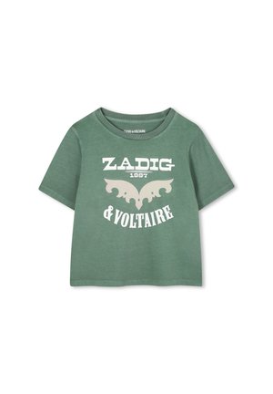 T-shirt verde in cotone con scollo rotondo, maniche corte e stampa grafiche bianche al centro.