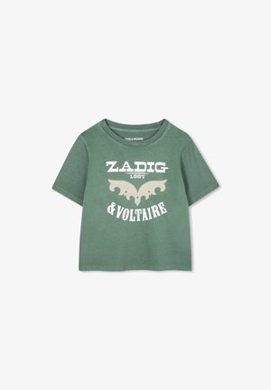 Groene katoen T-shirt met een ronde hals, korte mouwen en witte grafische tekst en ontwerp in het midden.