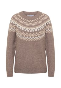 Maglione marrone con scollatura rotonda, caratterizzato da un motivo geometrico crema attorno alle spalle e tessuto a maglia testurizzato.