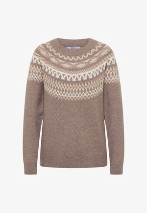Pull marron à col rond, avec un motif géométrique crème autour des épaules et un tissu tricoté texturé.