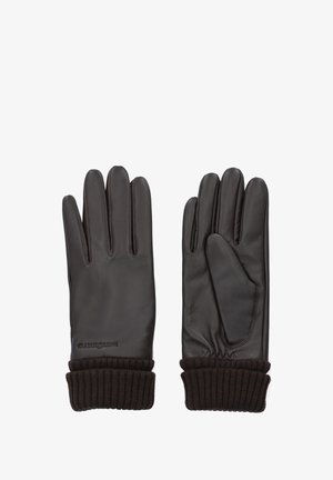 Brązowe skórzane rękawice z prążkowanym, ciemnobrązowym ściągaczem. Posiadają pięć palców, gładką teksturę i minimalne detale przeszycia.