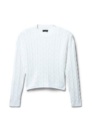 Maglione bianco lavorato a maglia con motivo a treccia, scollo rotondo e maniche lunghe. Design cropped con polsini e orlo a costine.