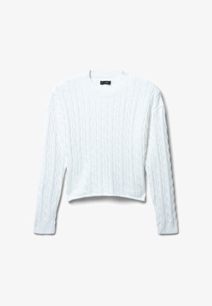 Maglione bianco lavorato a maglia con motivo a treccia, scollo rotondo e maniche lunghe. Design cropped con polsini e orlo a costine.