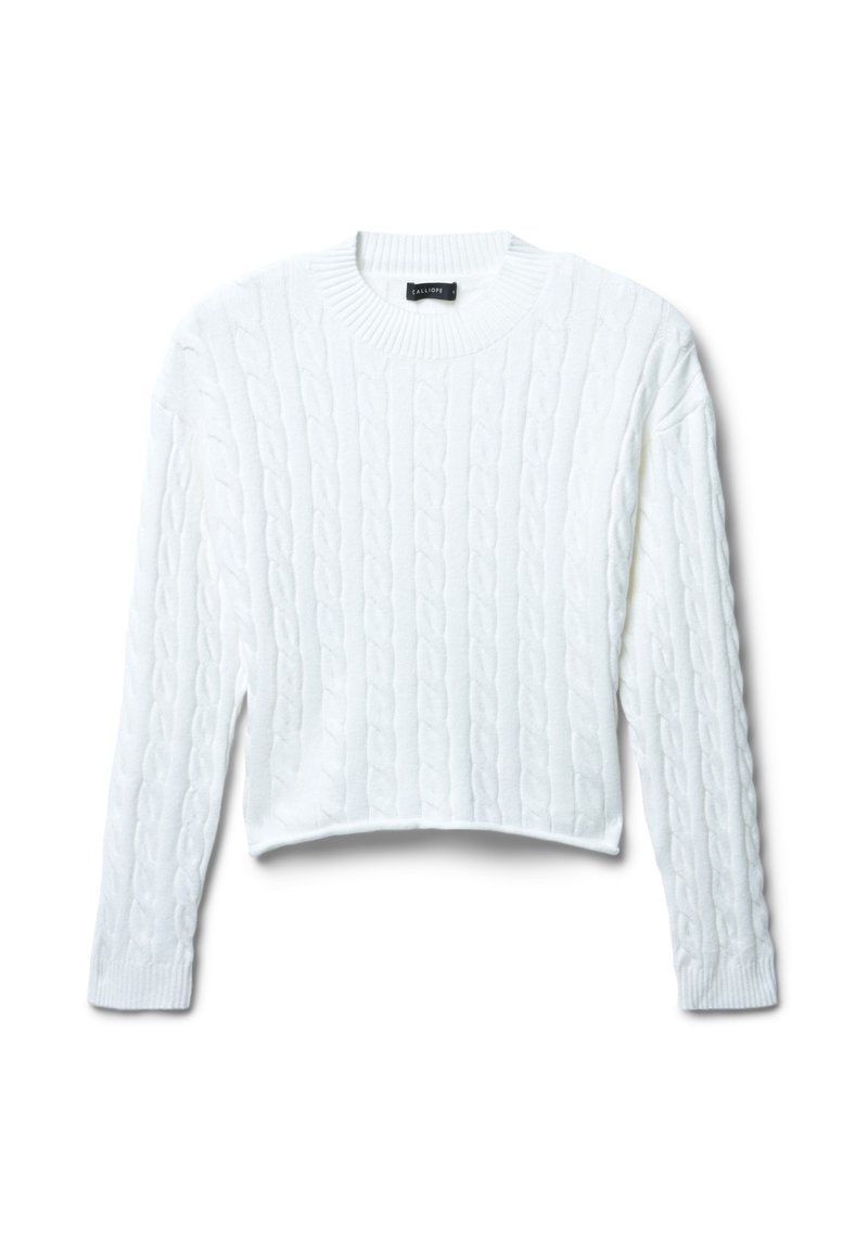 Maglione bianco lavorato a maglia con motivo a treccia, scollo rotondo e maniche lunghe. Design cropped con polsini e orlo a costine.