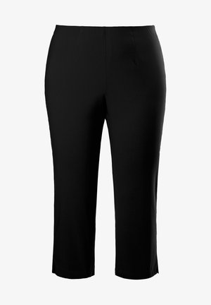 Pantalons noirs cropped en tissu lisse, avec une coupe décontractée, une taille élastique et une fente latérale à l'ourlet pour faciliter les mouvements.