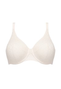 Spitzen-BH in hellbeige, mit geformten Cups, verstellbaren Trägern und einer glatten, strukturierten Oberfläche mit Blumenmustern auf dem Stoff.