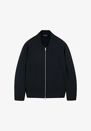Schwarze Strick-Bomberjacke mit runder Kragen, silbernem Reißverschluss und gerippten Bündchen sowie Saum. Glatte Textur, lässige Passform, kein Muster.