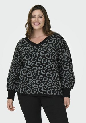 Schwarzer und grauer Leo-Print Strickpullover mit V-Ausschnitt, Ballonärmeln und gerippten Bündchen. Weiche Textur, lässige Passform.