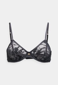 Crni čipkasti grudnjak s prozirnim čašicama, trokutastog oblika, podesivim trakama i detaljem od zlatnog tona na prednjem dijelu.