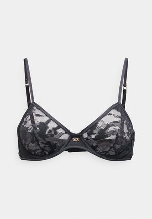 Fekete csipke melltartó átlátszó kosarakkal, háromszögletű formával, állítható pántokkal és arany tónusú részletekkel az elülső középen.