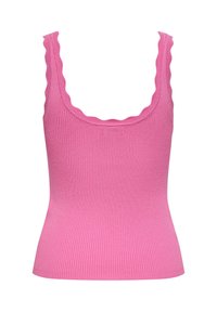 Débardeur en maille côtelée rose avec bords festonnés sur les bretelles et l'encolure, coupe ajustée, design sans manches.