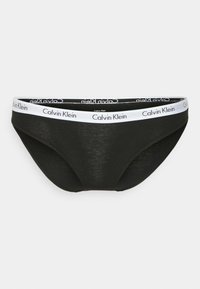 Svart bomulls bikiniundertøy med en hvit elastisk livlinje som har "Calvin Klein"-logo, glatt tekstur og klassisk design.