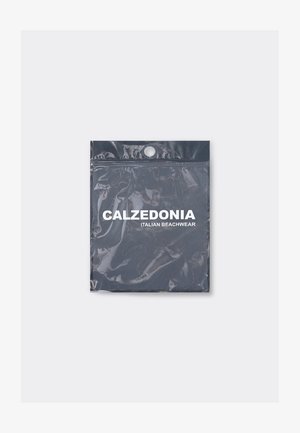 Schwarze, wiederverschließbare Plastiktüte mit weißem Text "CALZEDONIA ITALIAN BEACHWEAR" auf der Vorderseite gedruckt.