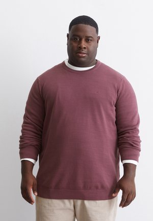 Bordeauxkleurige crewneck trui met ribgebreide manchetten en zoom, voorzien van een witte binnenkraag en een subtiel textuurpatroon.